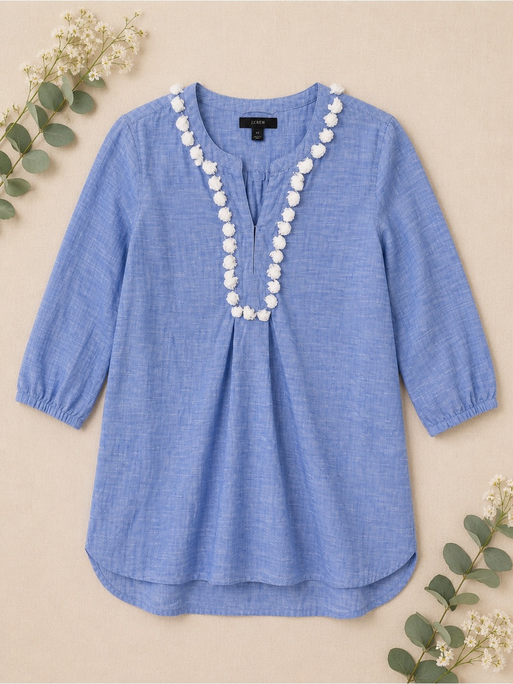 J.Crew Linen Chambray Tunic Top – XS – Blue 3/4 Sleeve Pom Pom Trim Blouse